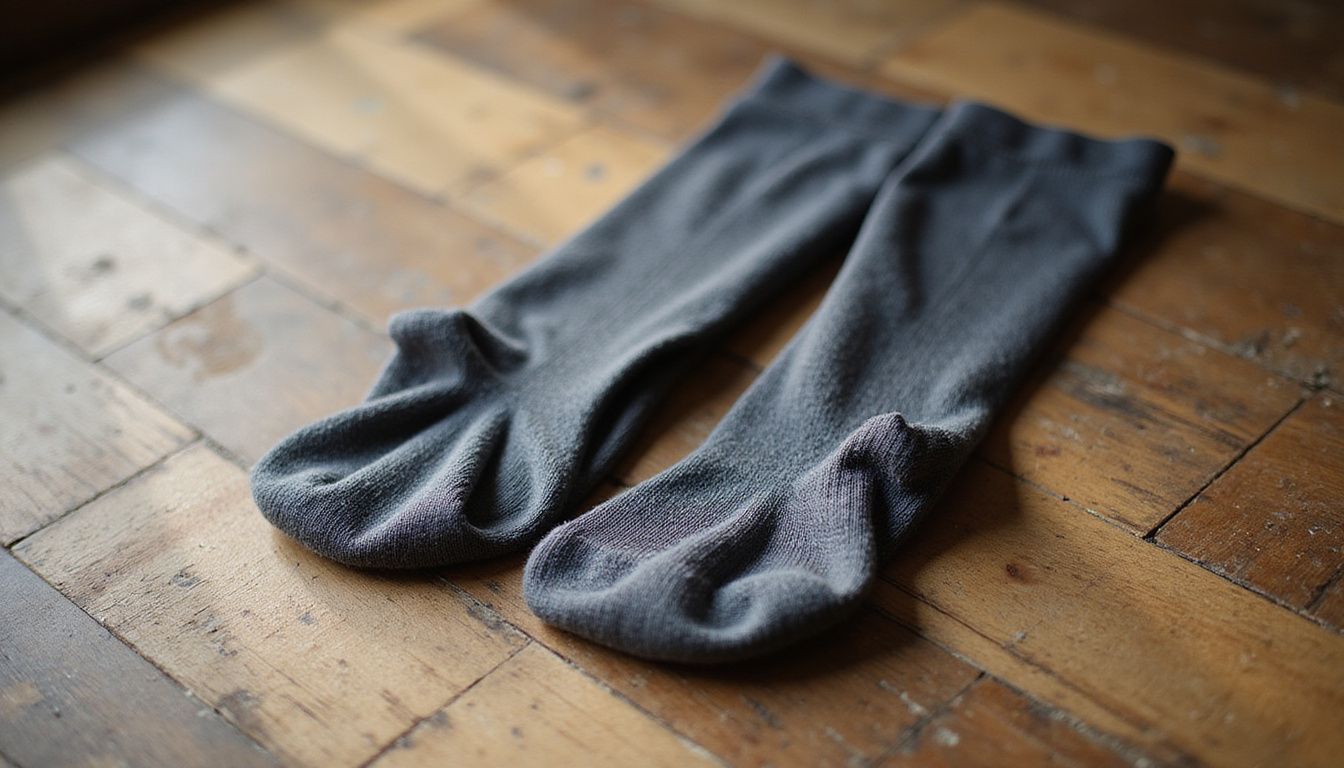 Medias de compresión para hombres sobre un suelo de madera. Medias de compresión para hombres sobre un suelo de madera.