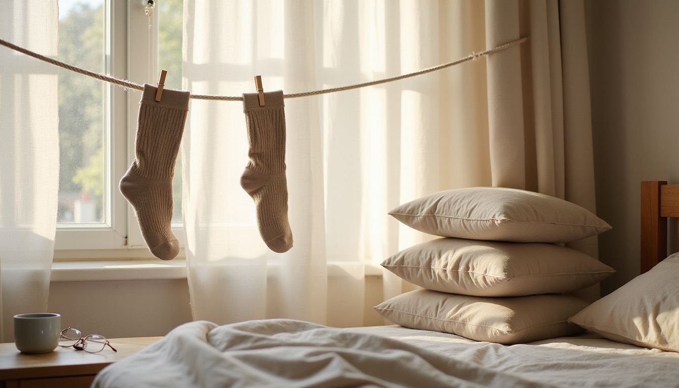 Un dormitorio acogedor con calcetas de compresión y almohadas de apoyo. Un dormitorio acogedor con calcetas de compresión y almohadas de apoyo.