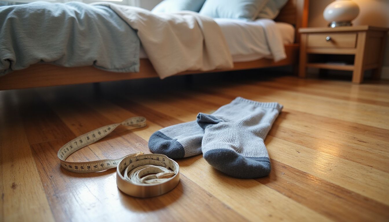 Un par de calcetines de compresión graduada sobre un suelo de madera. Un par de calcetines de compresión graduada sobre un suelo de madera.
