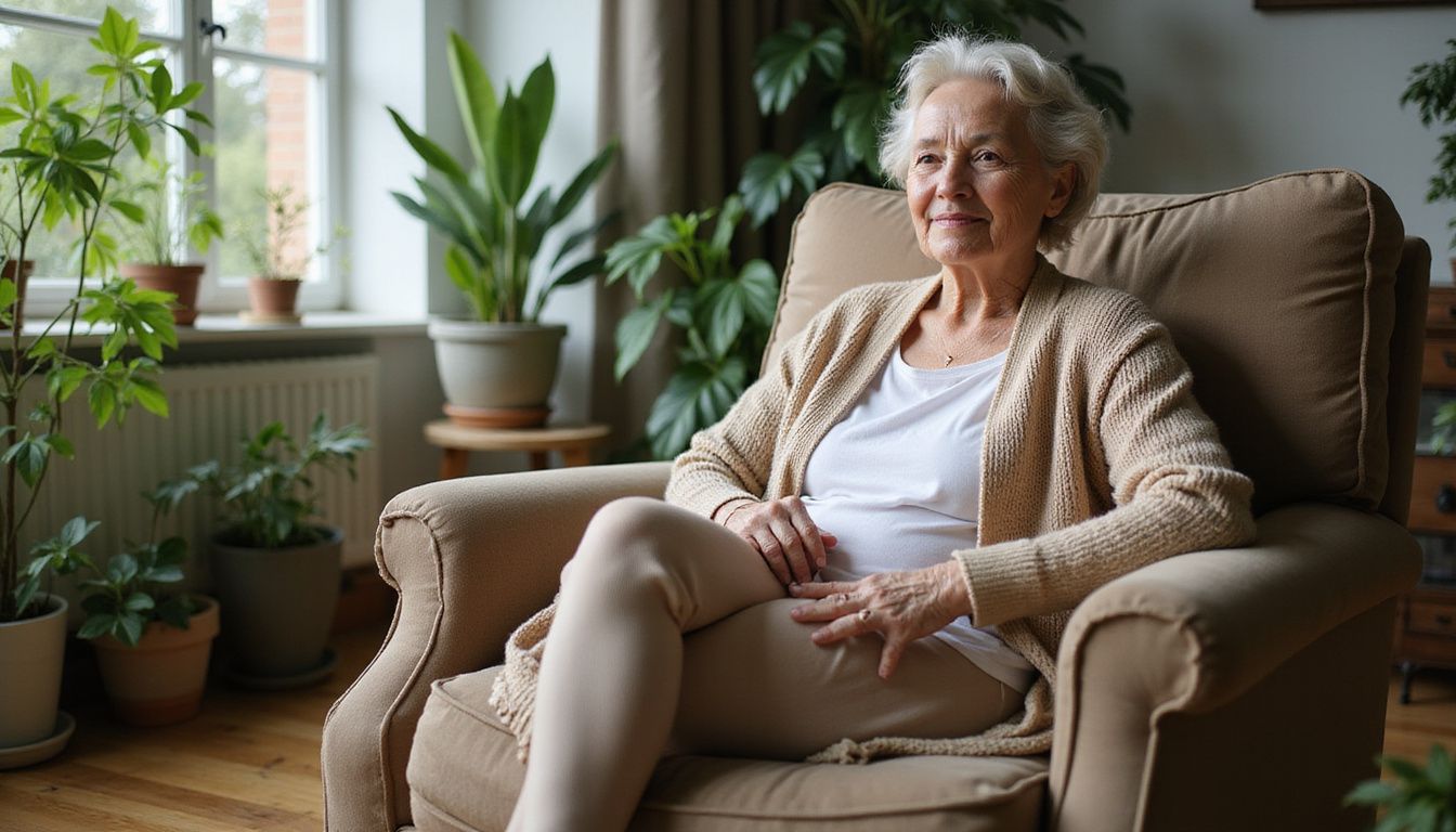 Una anciana sentada en un salón acogedor rodeada de plantas. Una anciana sentada en un salón acogedor rodeada de plantas.